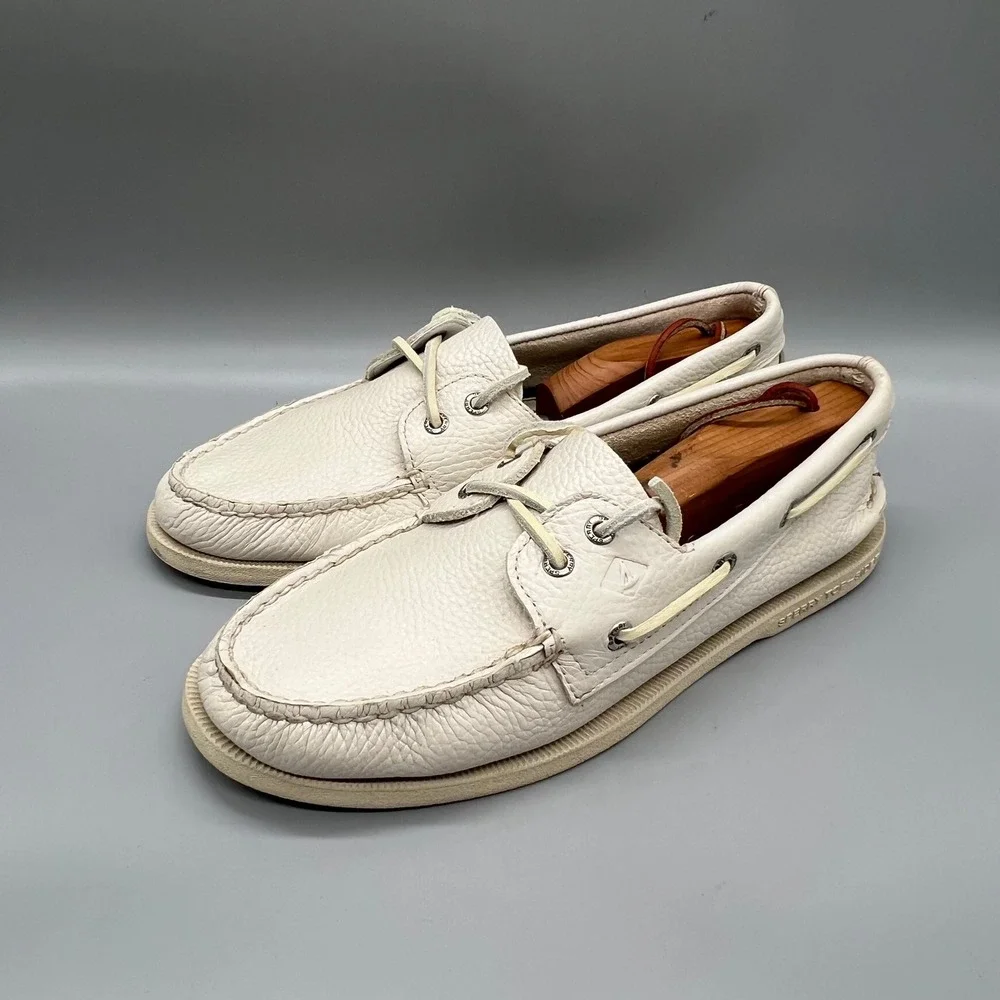 Sperry Shoes Mens 9 White Leather Top Sider A/O 2-Eye Boat Deck Loafers Nautical